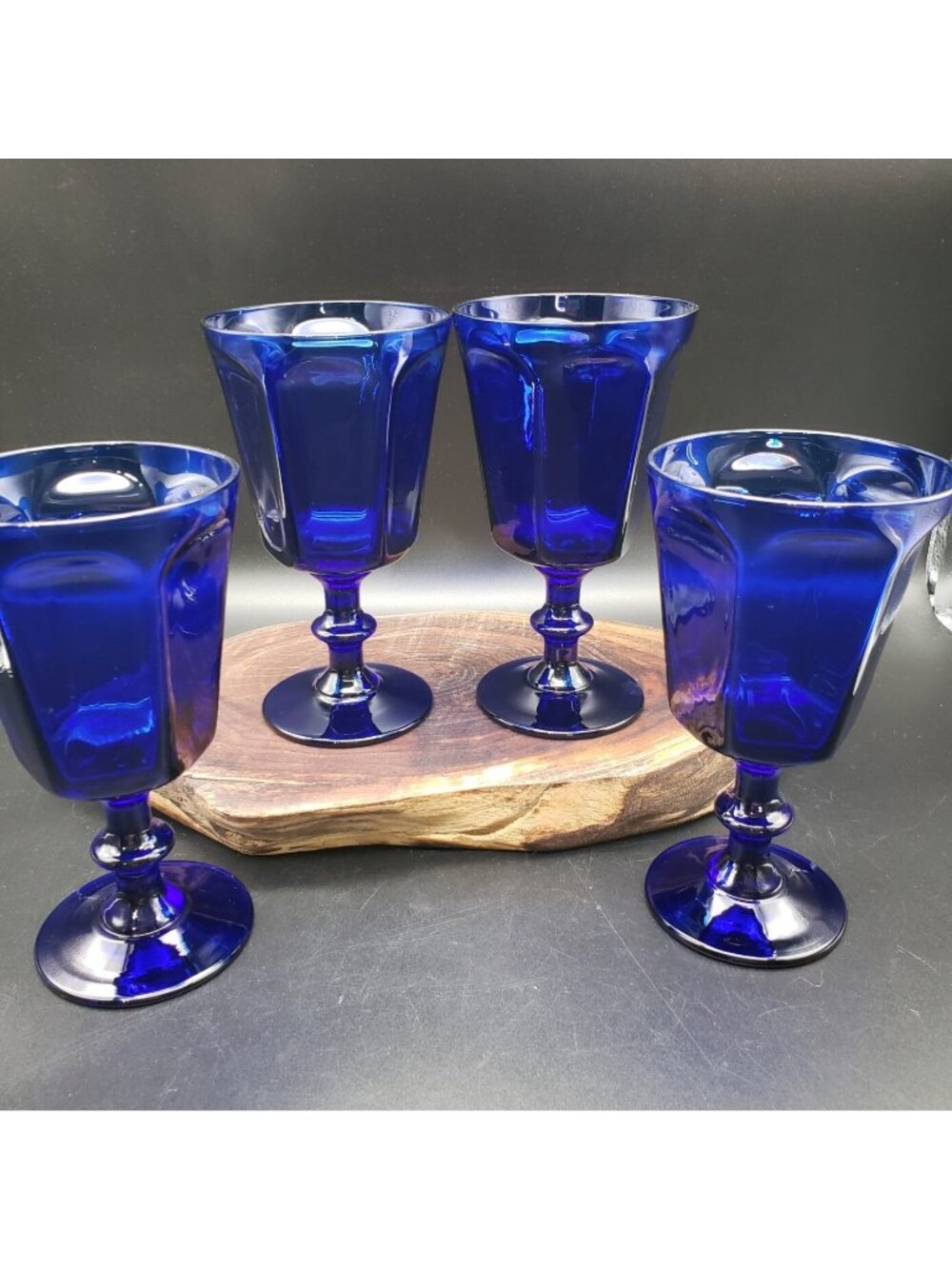 Bryce Antique Cobalt Blue Water Goblets 6.75" Set of 4 Paneled Blown Glass VTG